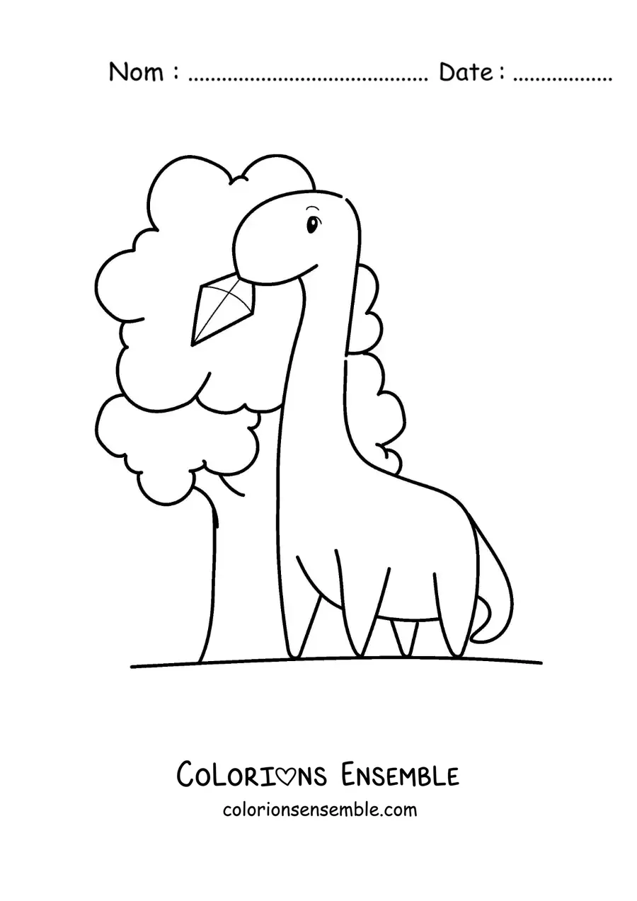 Image à colorier d’un dinosaure animé qui récupère un cerf-volant dans un arbre