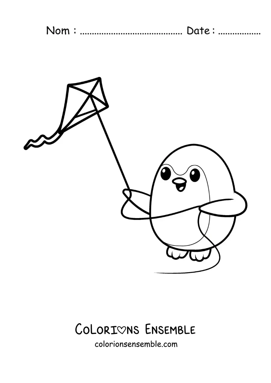 Image à colorier d’un pingouin animé qui fait voler un cerf-volant