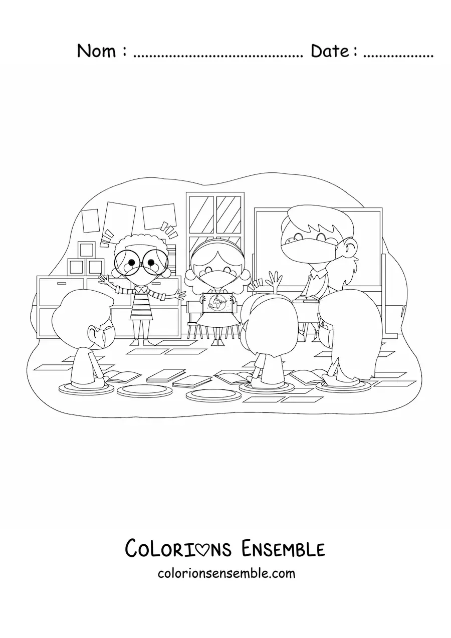 Image à colorier d’une maîtresse et d’élèves dans une salle de classe avec des masques