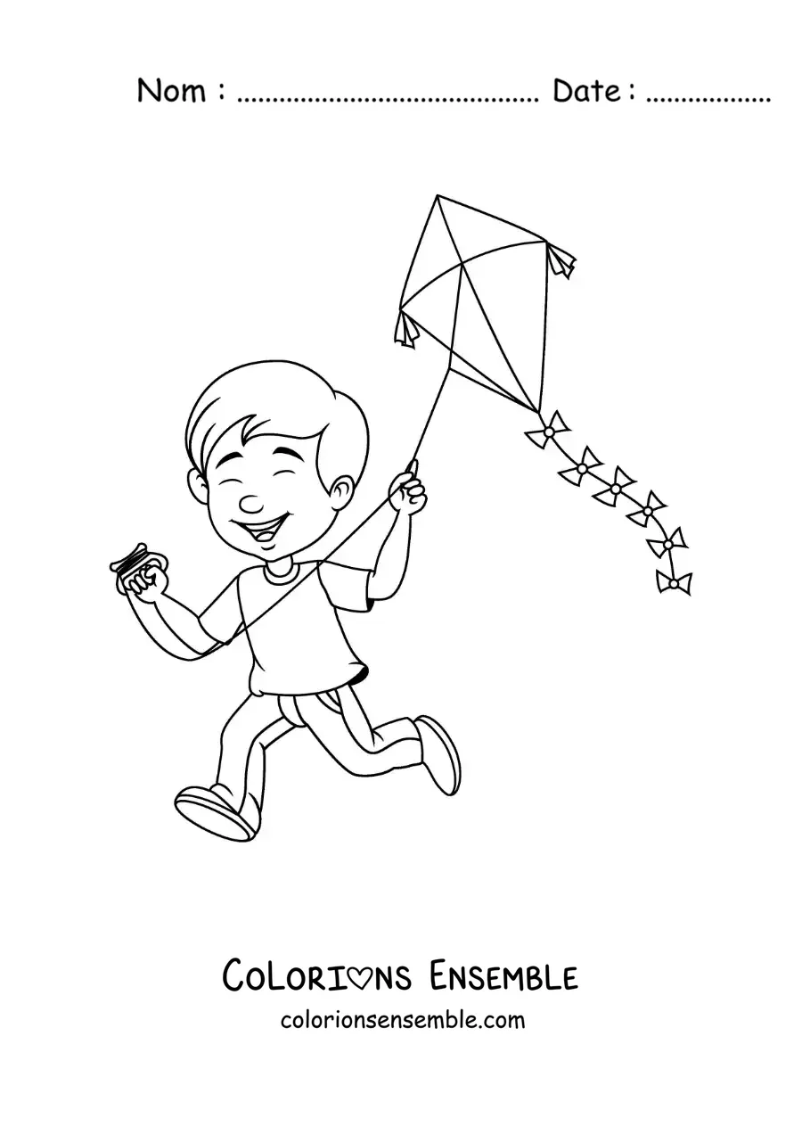 Image à colorier d’un garçon qui fait voler un cerf-volant
