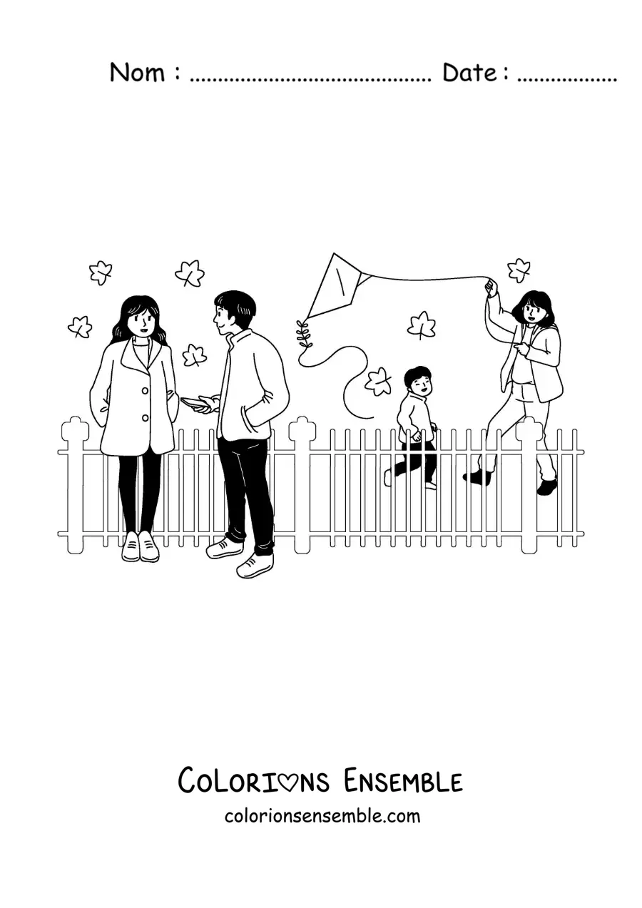 Image à colorier d’un garçon qui fait voler un cerf-volant avec sa maman dans le parc