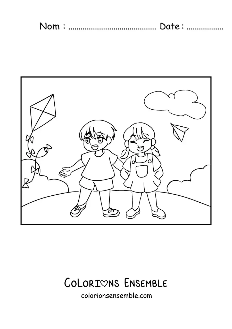 Image à colorier de deux enfants animés qui font voler des cerfs-volants dans le parc