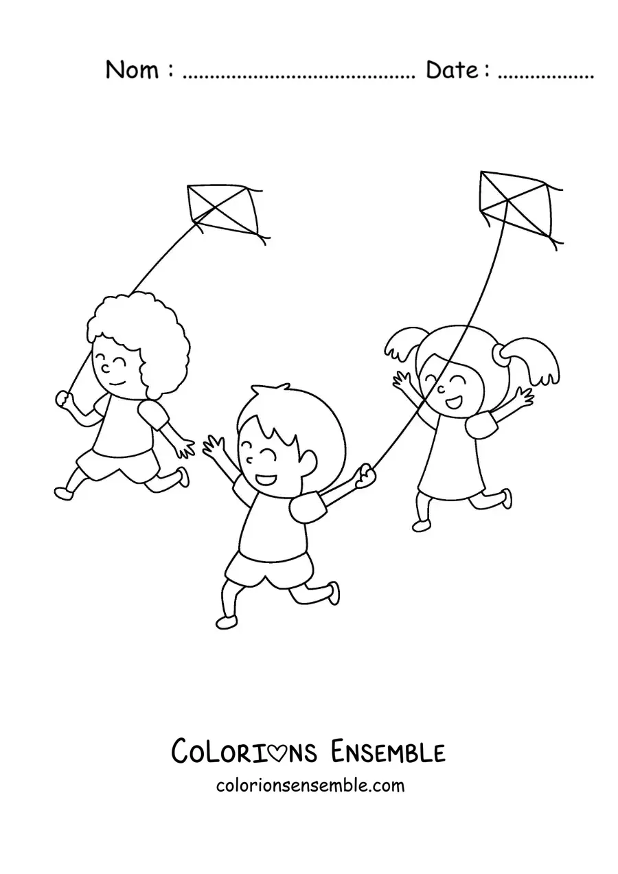 Image à colorier d’enfants qui courent en faisant voler des cerfs-volants