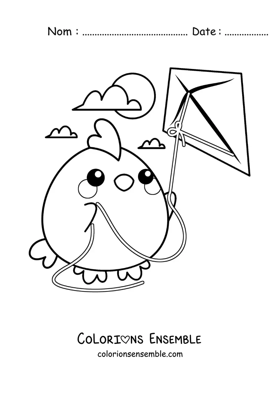 Image à colorier d’une poule animée qui fait voler un cerf-volant