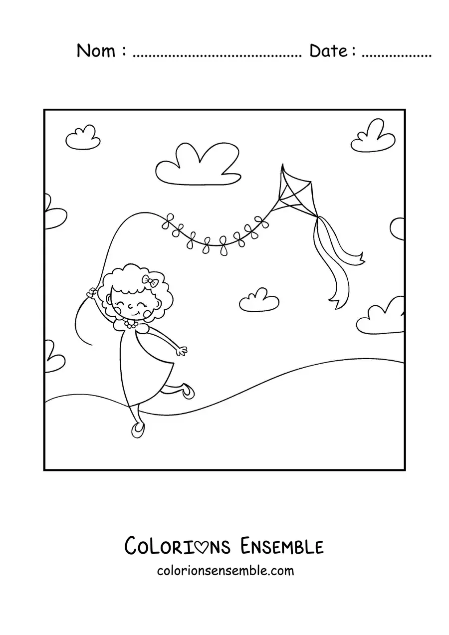Image à colorier d’une fille animée qui fait voler un cerf-volant en papier