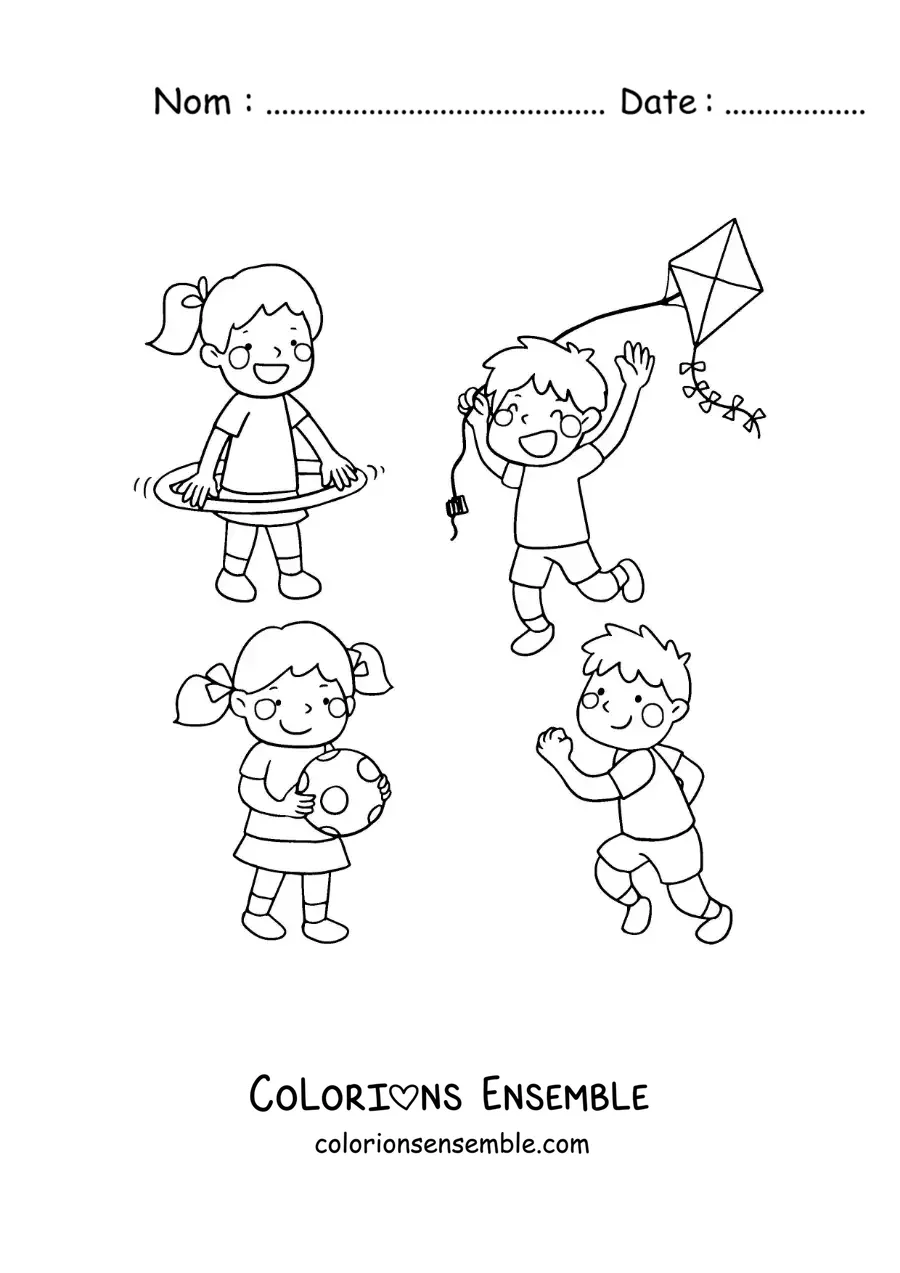 Image à colorier d’un garçon qui fait voler un cerf-volant à côté d’autres enfants qui jouent