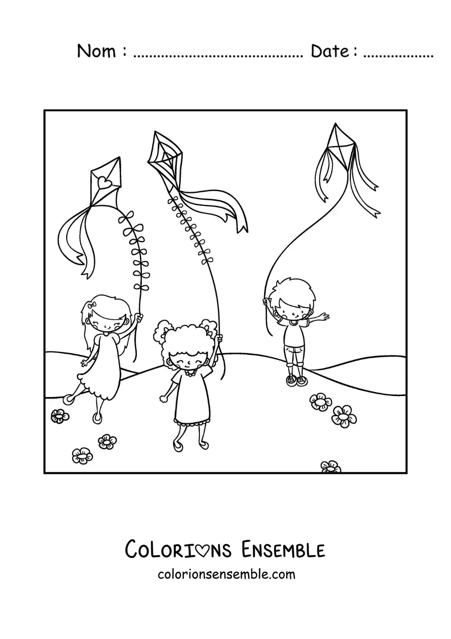 Image à colorier d’enfants qui font voler des cerfs-volants en papier dans le parc