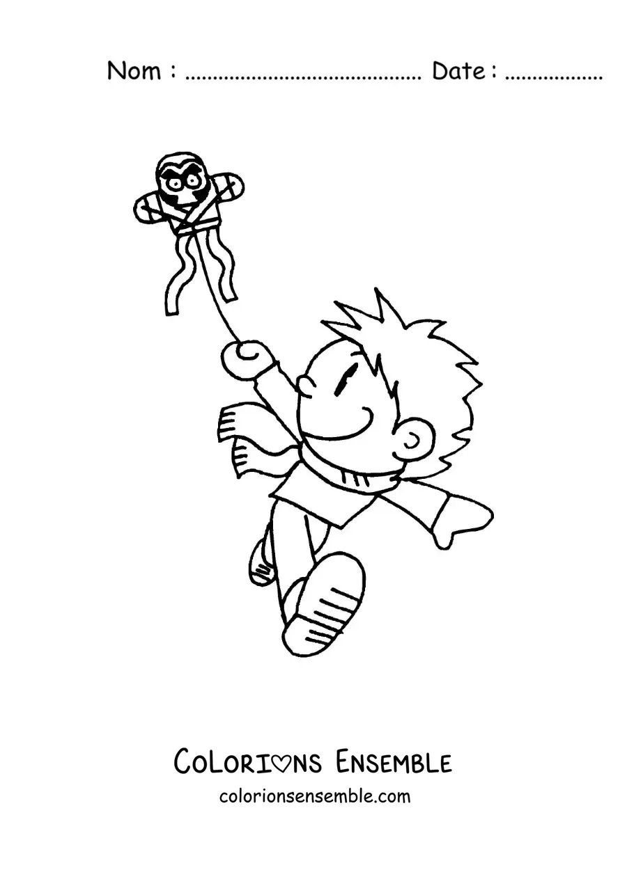 Image à colorier d’un dessin de garçon qui fait voler un cerf-volant