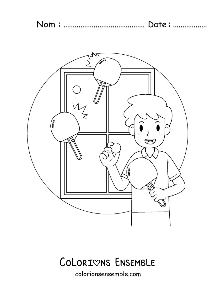 Image à colorier d’un garçon avec une table et des raquettes de ping-pong