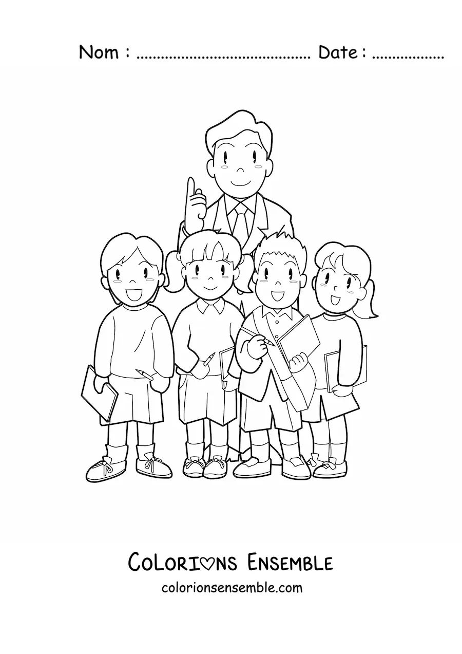 Image à colorier d’un professeur avec un groupe d’élèves de primaire