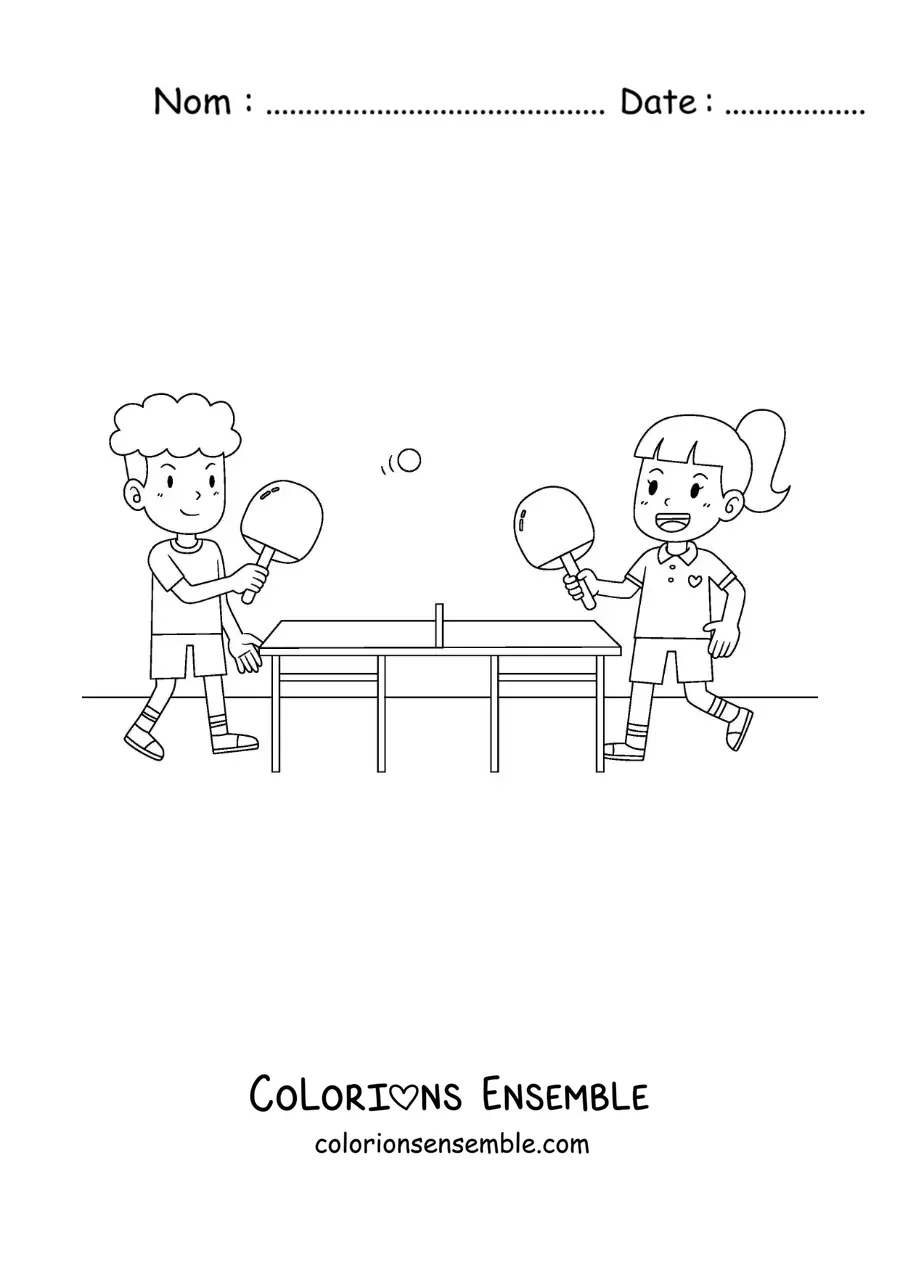 Image à colorier d’enfants en pleine partie de ping-pong