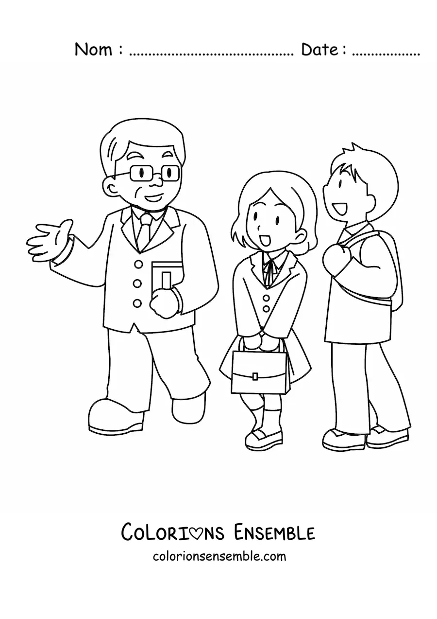 Image à colorier d’un professeur discutant avec deux lycéens
