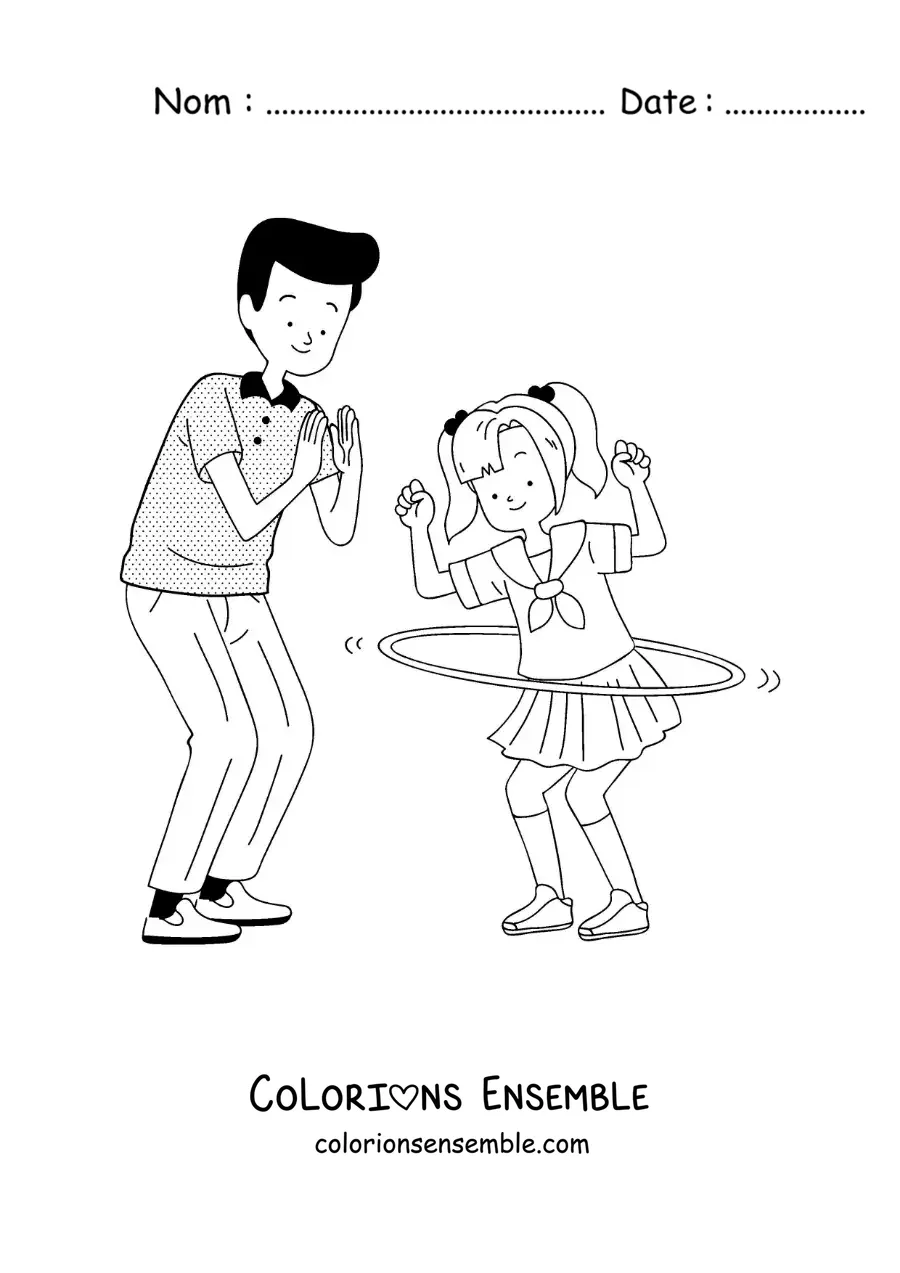 Image à colorier d’une fille et de son père jouant avec un cerceau hula hoop