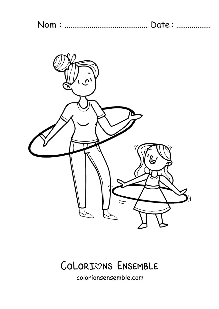 Image à colorier d’une fille et de sa mère dansant avec un cerceau hula hoop
