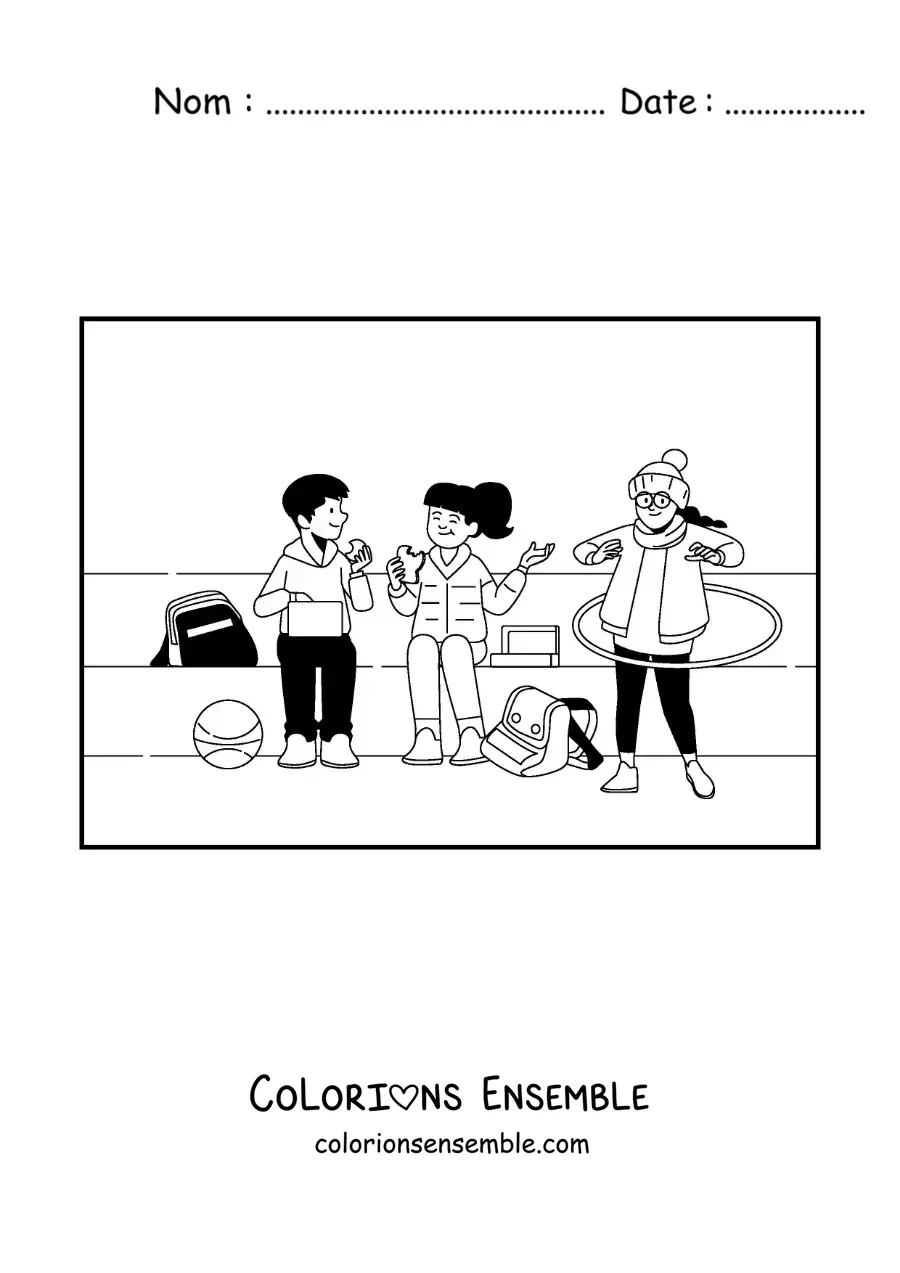 Image à colorier d’enfants à la récréation avec un cerceau hula hoop