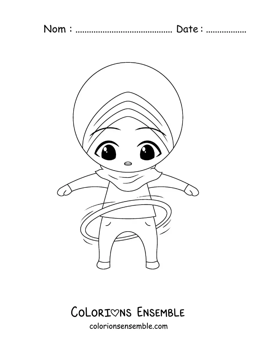 Image à colorier d’une fille musulmane avec un cerceau hula hoop