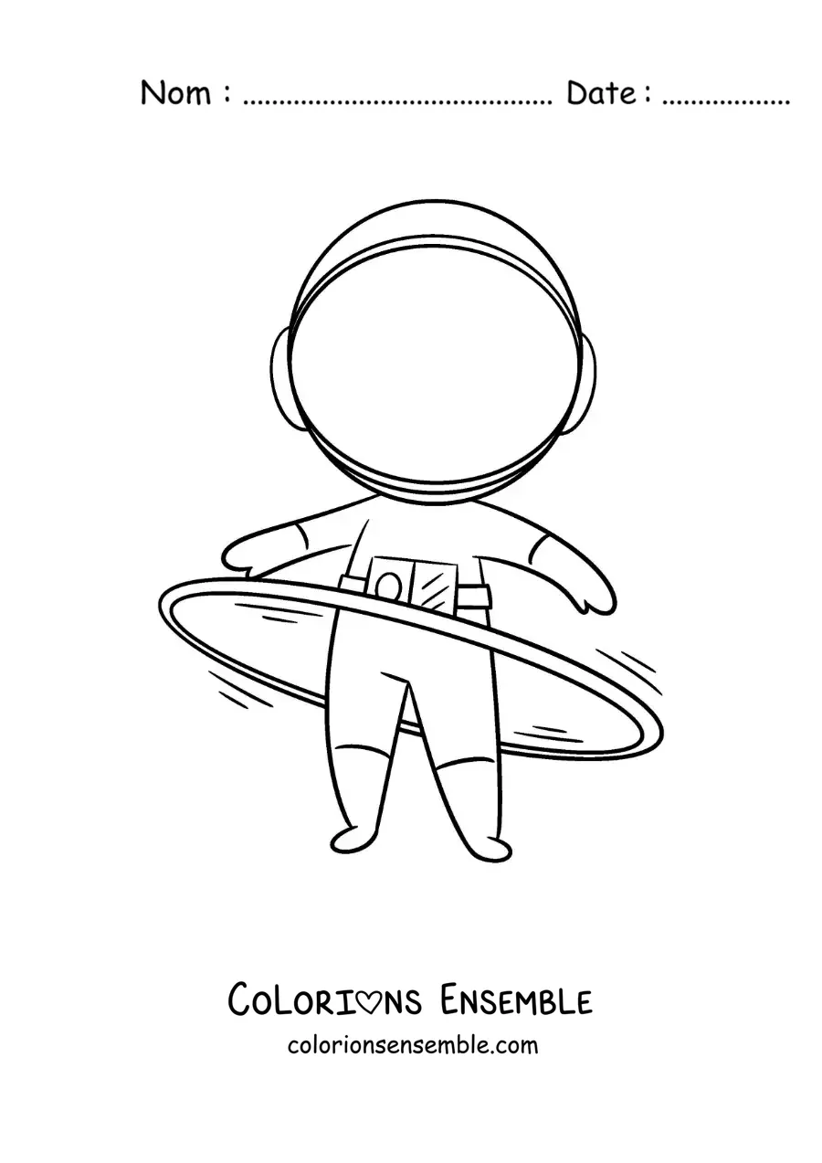 Image à colorier d’un astronaute animé faisant tourner un cerceau hula hoop