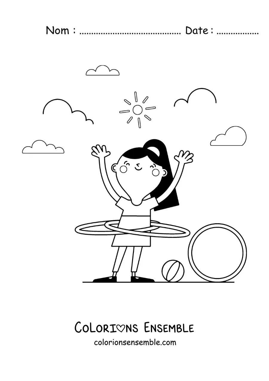 Image à colorier d’une fille dansant avec un cerceau hula hoop dans le parc