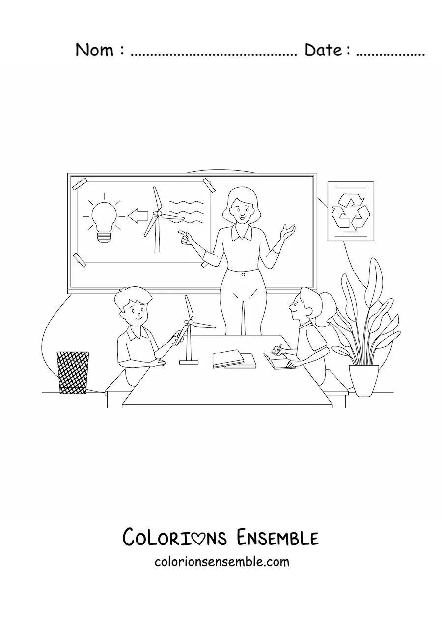 Image à colorier d’une maîtresse et de deux élèves pendant un cours d’écologie