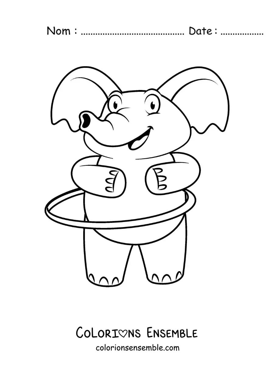 Image à colorier d’un éléphant animé avec un hula hoop