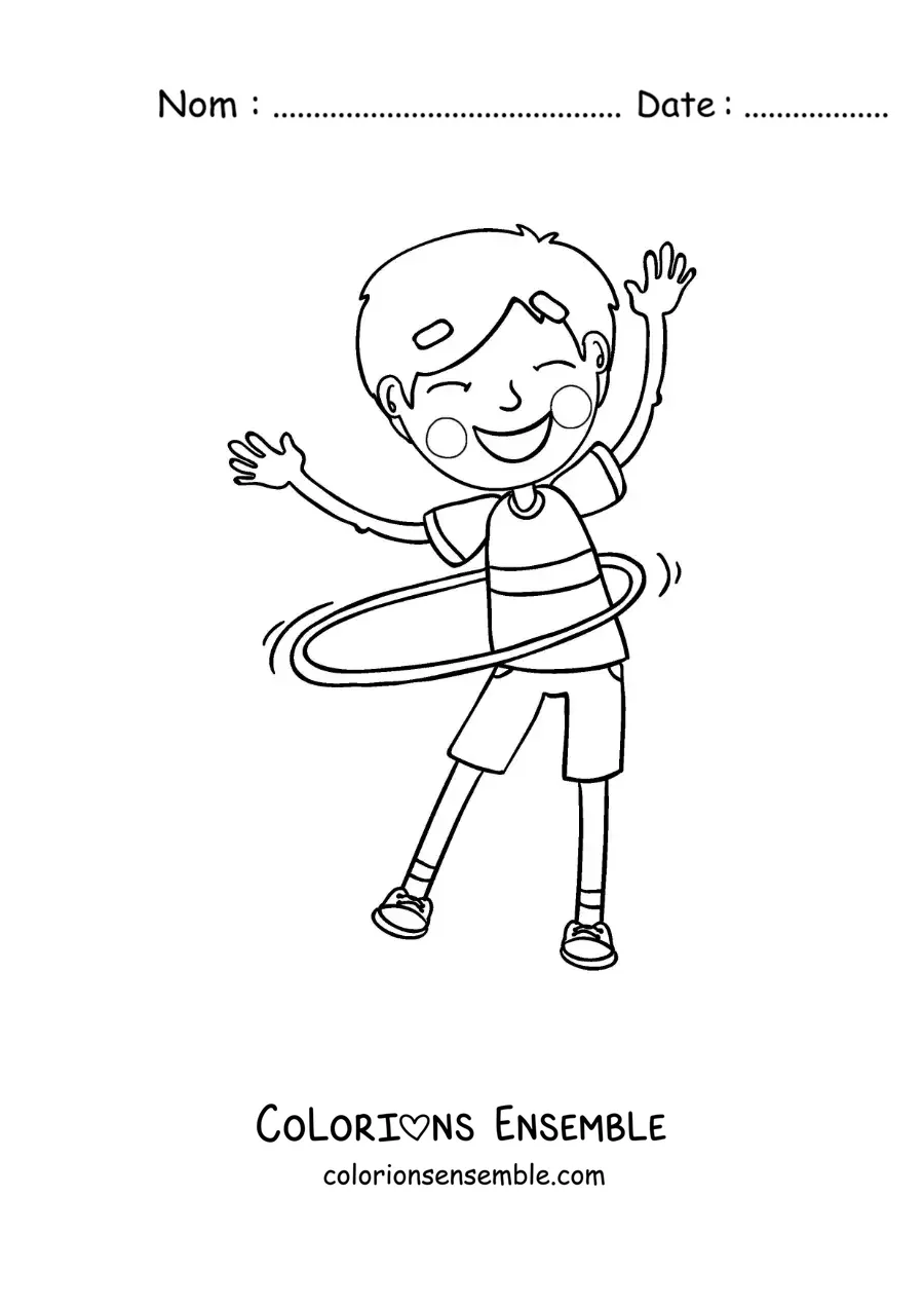 Image à colorier d’un garçon faisant tourner un hula hoop