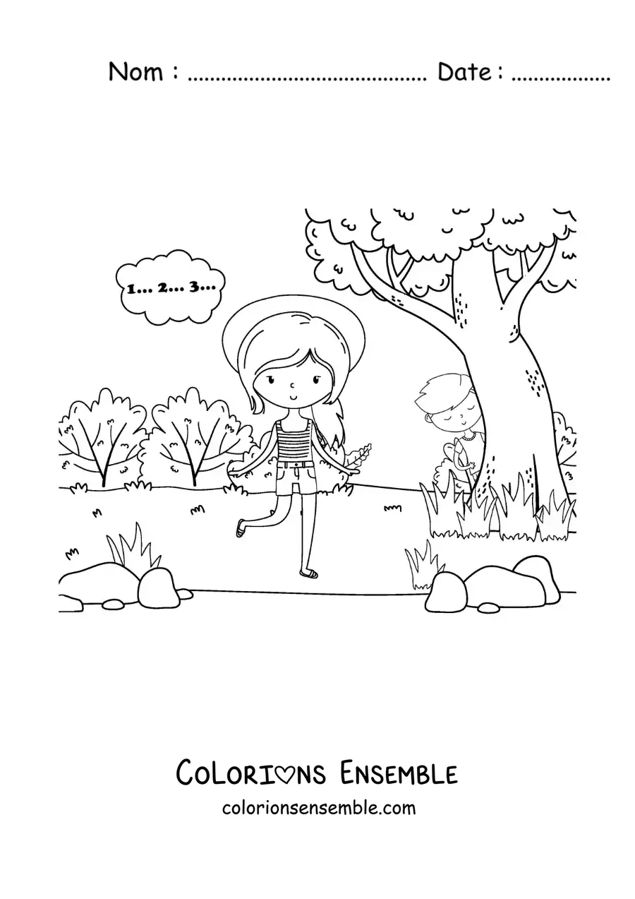 Image à colorier d’enfants jouant à cache-cache en plein air