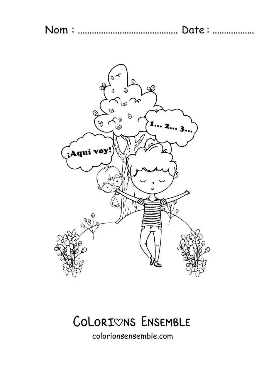 Image à colorier d’enfants jouant à cache-cache dans un parc