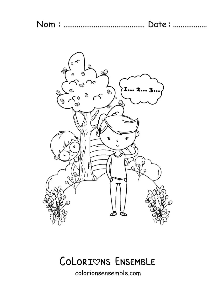 Image à colorier d’enfants jouant à cache-cache