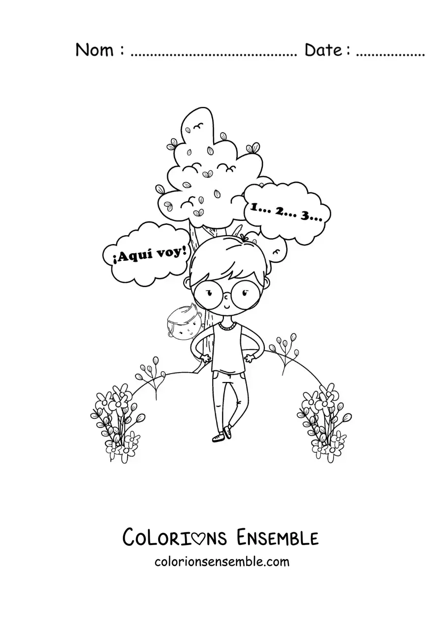 Image à colorier d’enfants jouant une partie de cache-cache dans le parc