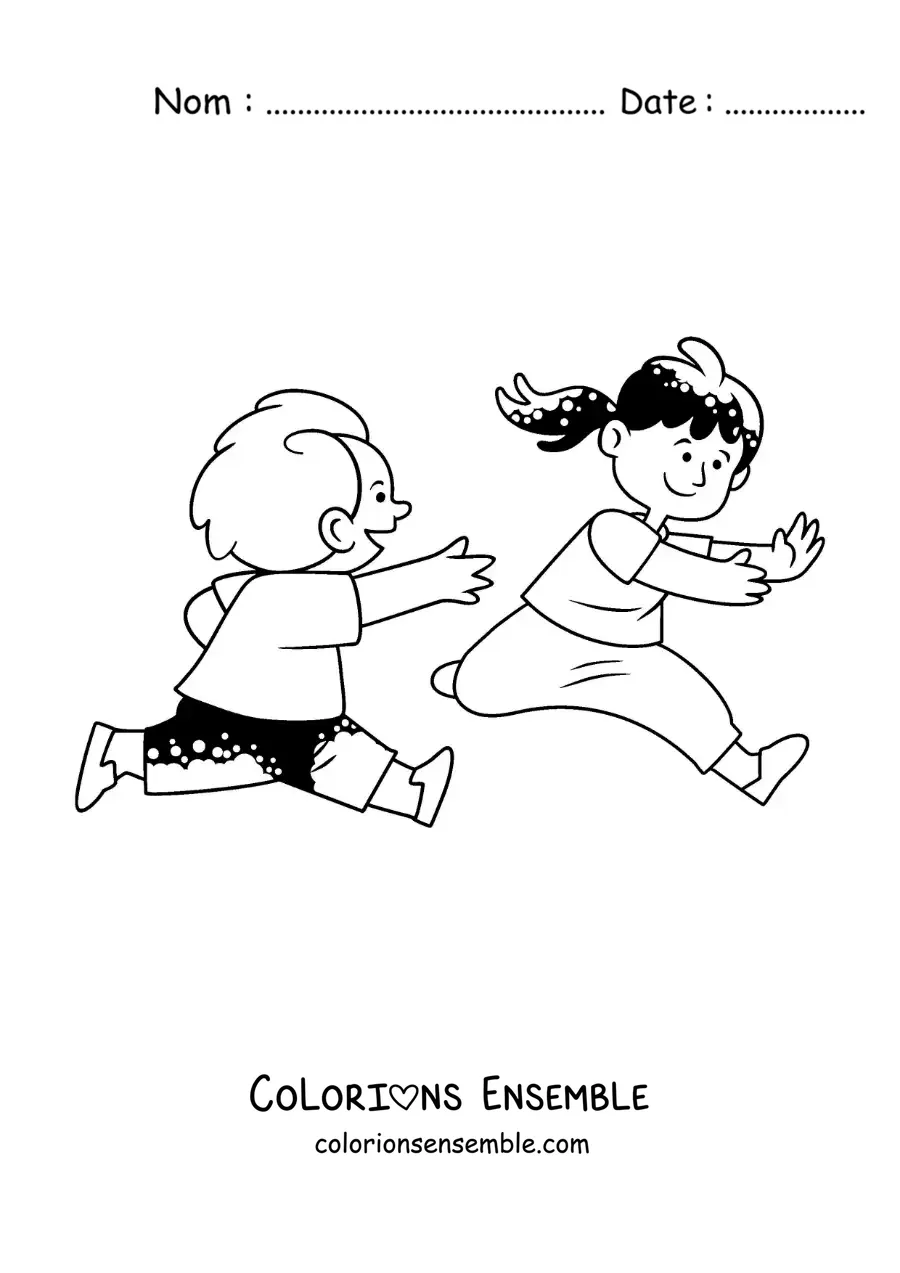 Image à colorier d’enfants courant en jouant à cache-cache