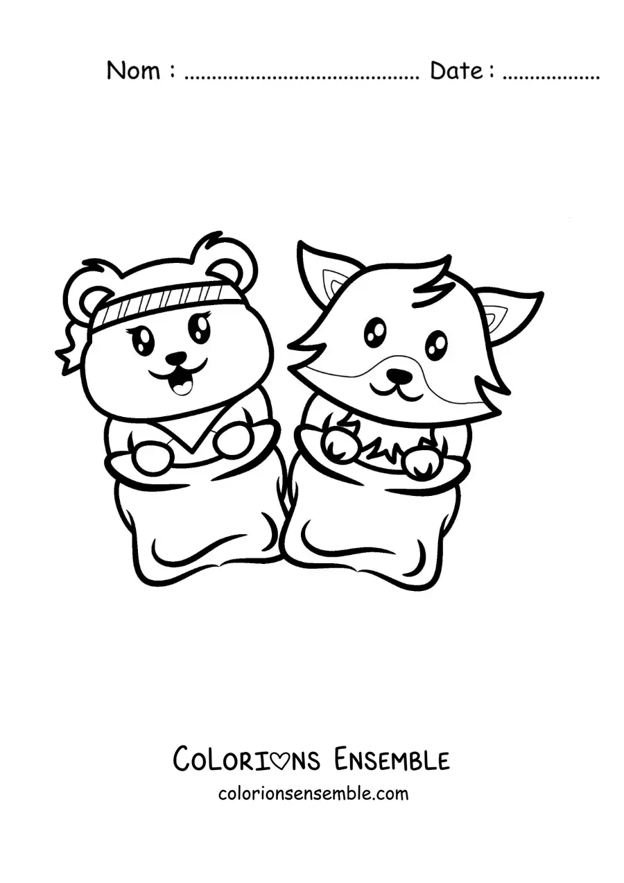 Image à colorier d’animaux animés dans une course en sac
