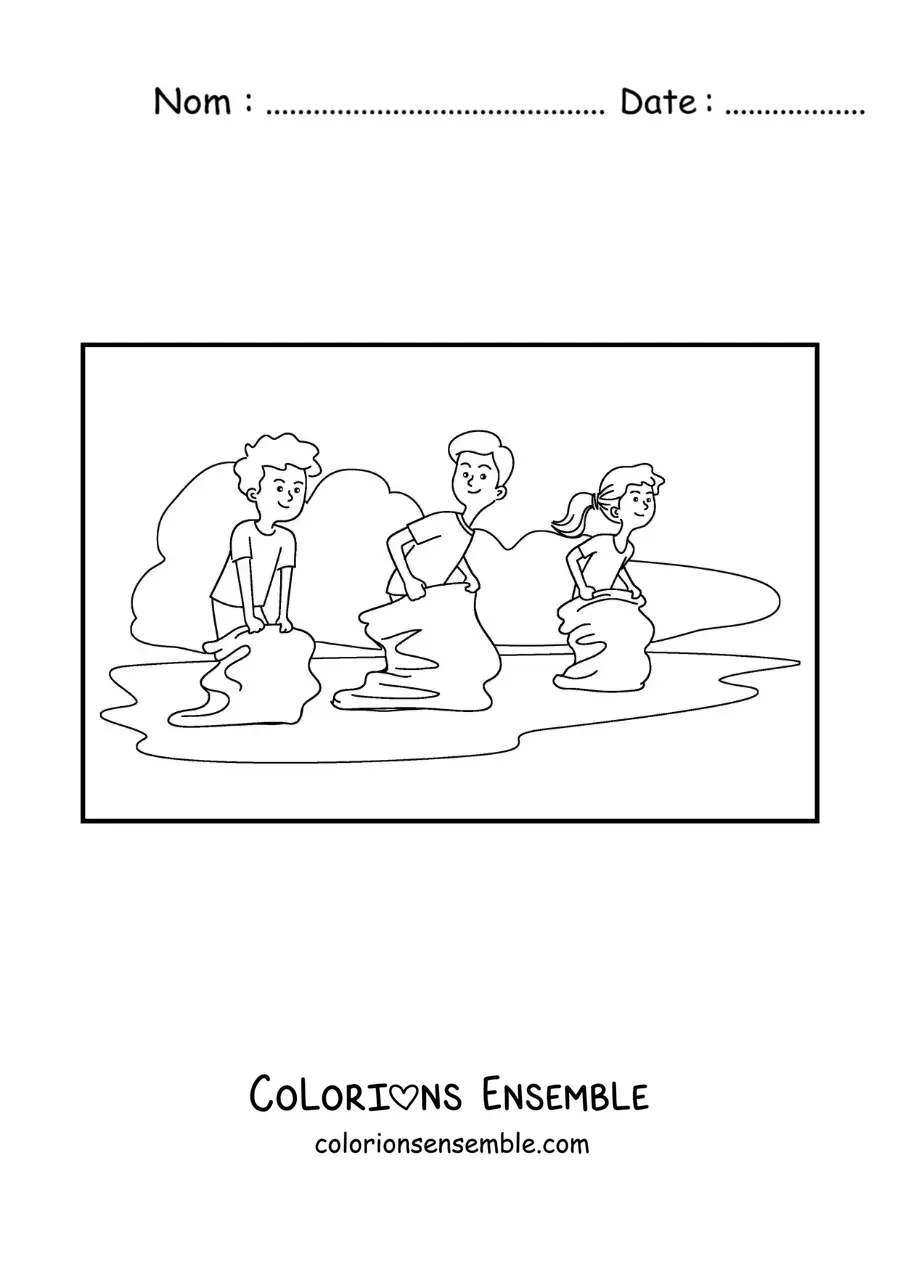 Image à colorier d’enfants sautant dans une course en sac