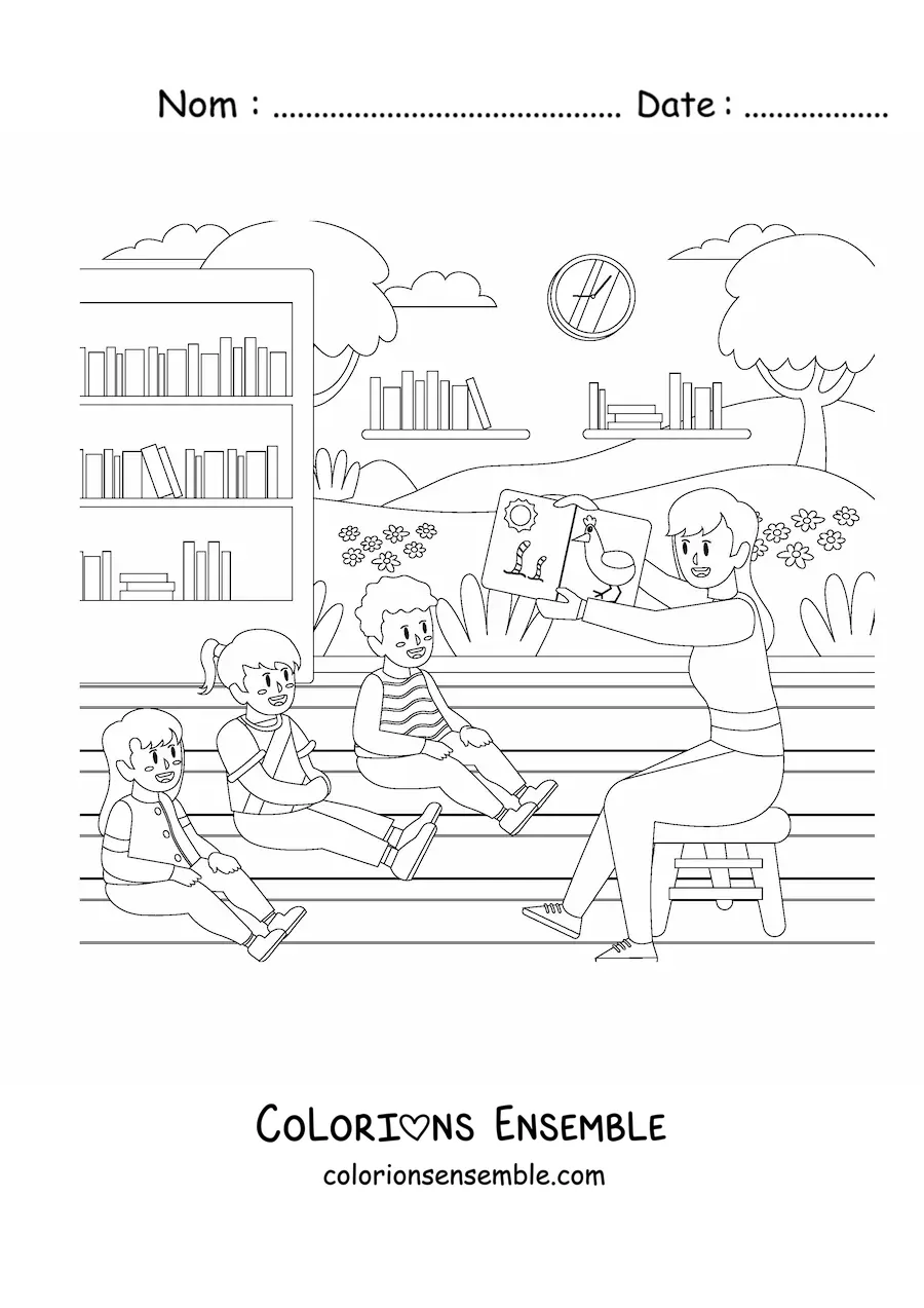 Image à colorier d’une maîtresse enseignant à trois élèves de maternelle
