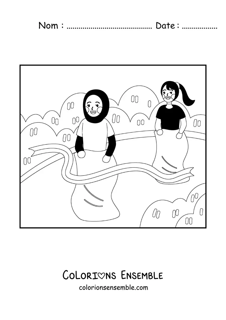 Image à colorier de deux filles dans une course en sac traditionnelle
