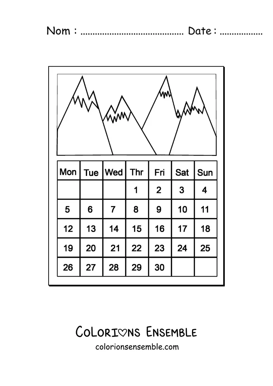Image à colorier d’un calendrier animé avec des photos de montagnes
