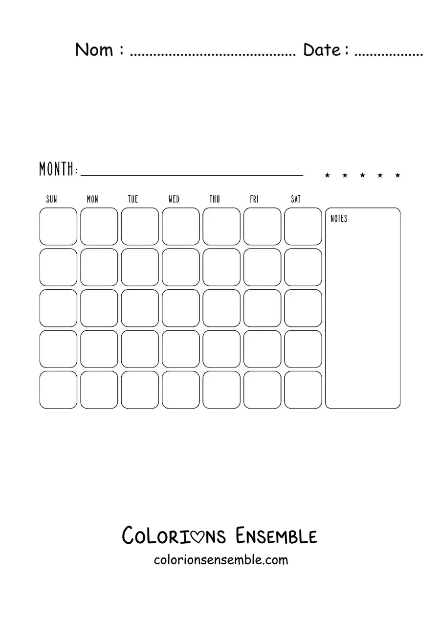 Image à colorier d’un calendrier à imprimer