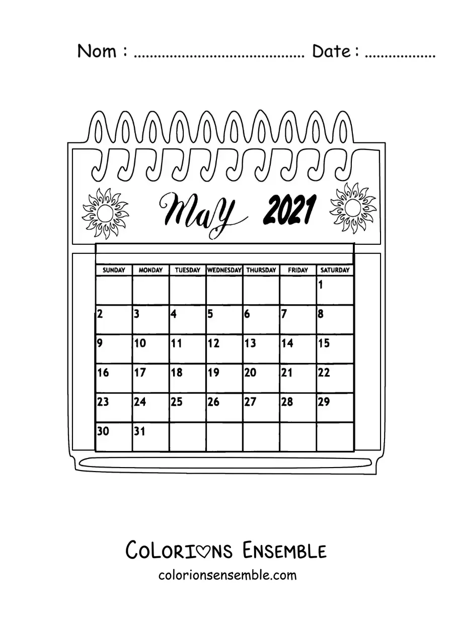 Image à colorier d’un calendrier de mai