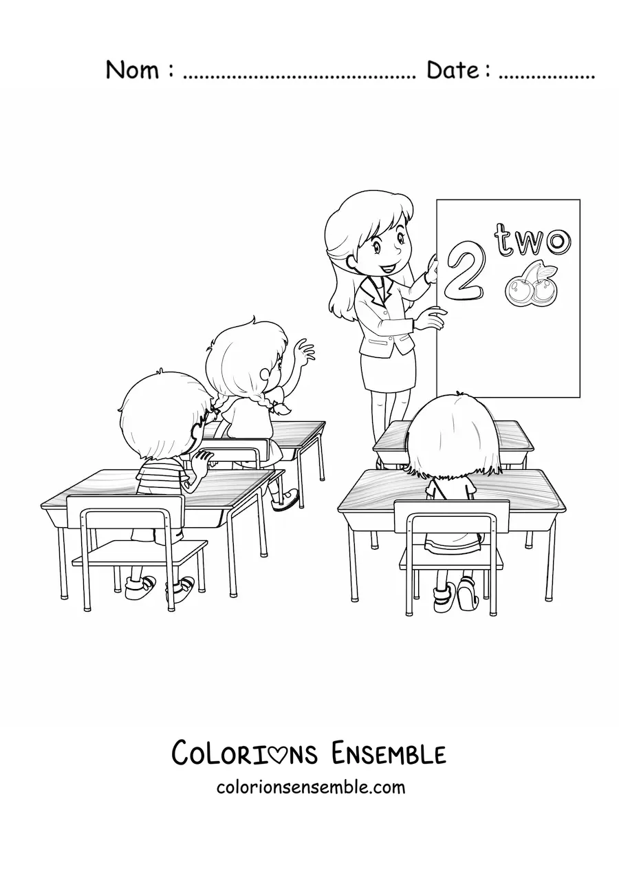 Image à colorier d’une maîtresse devant le tableau donnant cours à plusieurs élèves