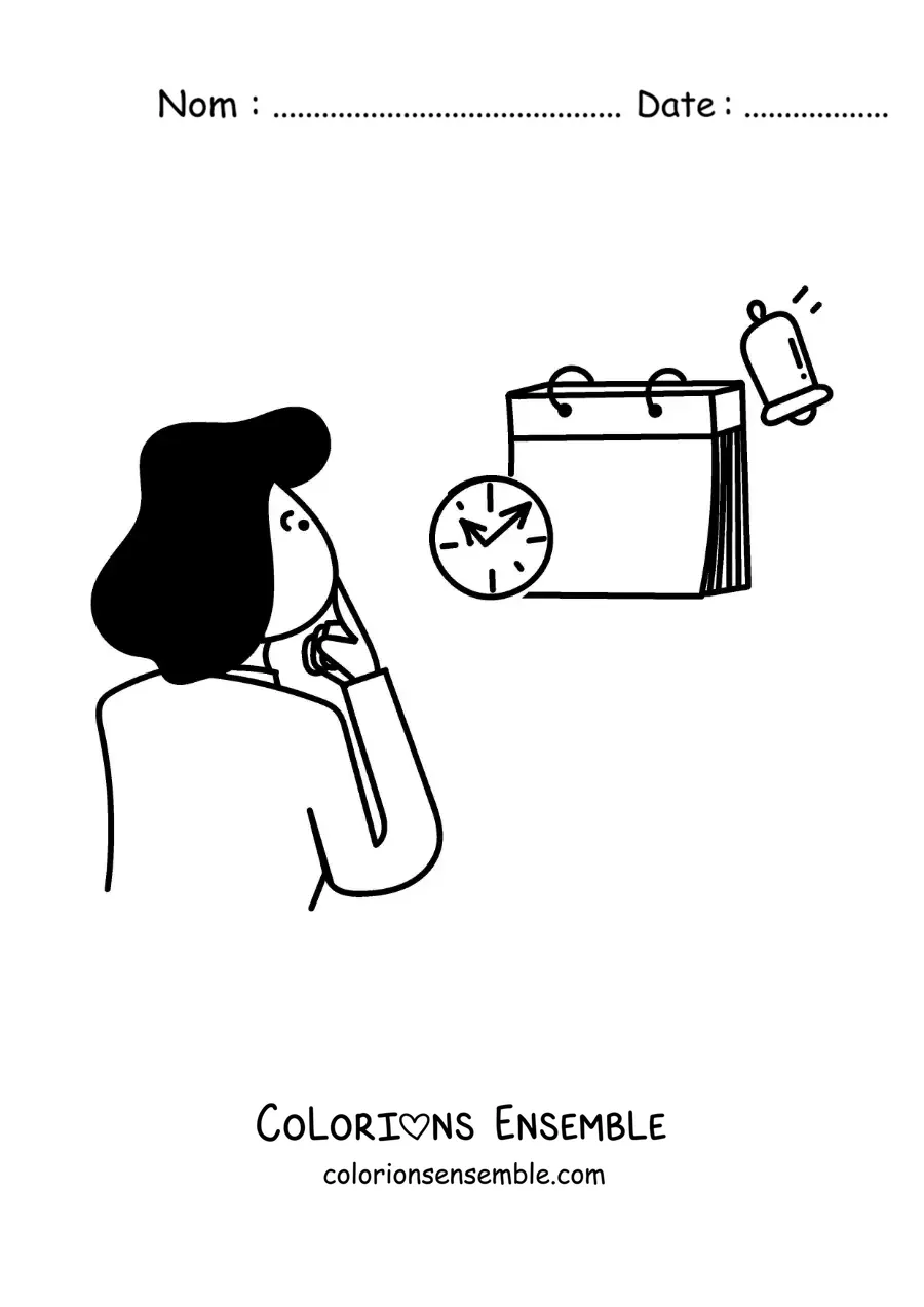 Image à colorier d’une femme regardant le calendrier
