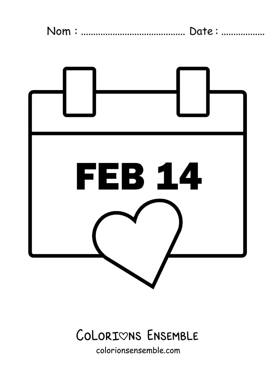 Image à colorier du 14 février sur un calendrier