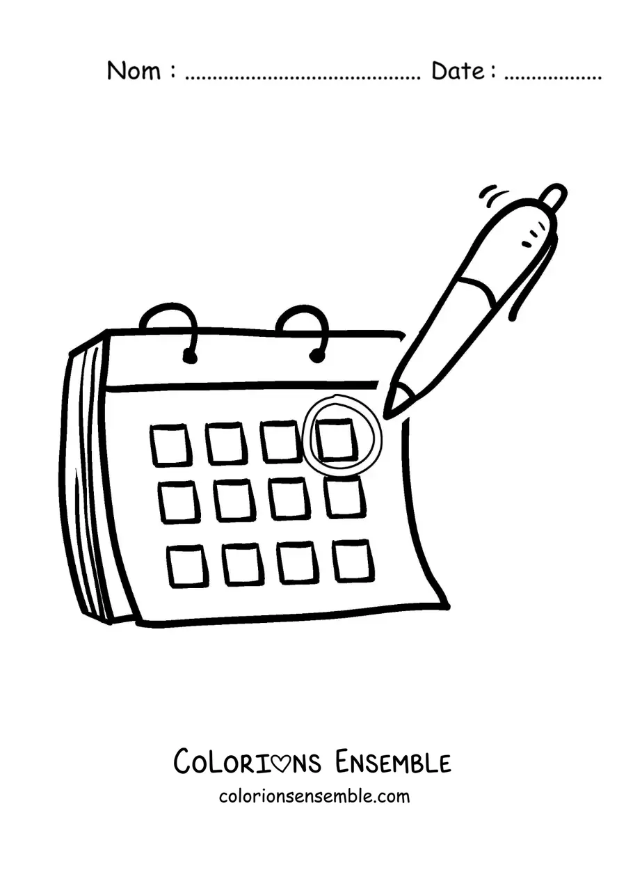 Image à colorier d’un stylo marquant une date sur le calendrier