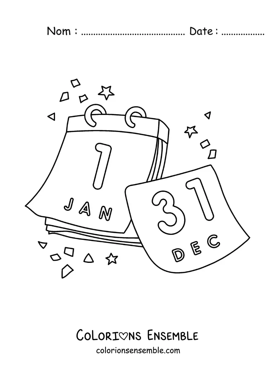 Image à colorier du Nouvel An sur le calendrier