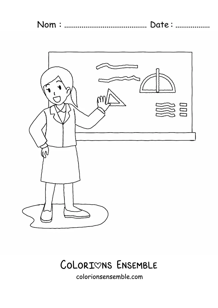 Image à colorier d’une enseignante donnant cours devant le tableau