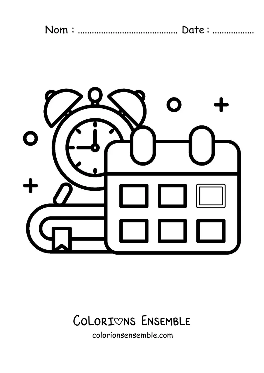 Image à colorier d’un calendrier et d’une horloge