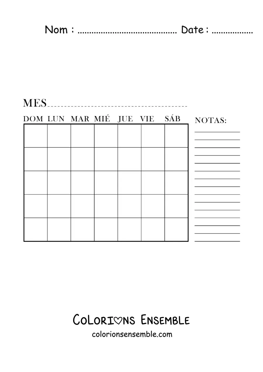 Image à colorier d’un calendrier du mois