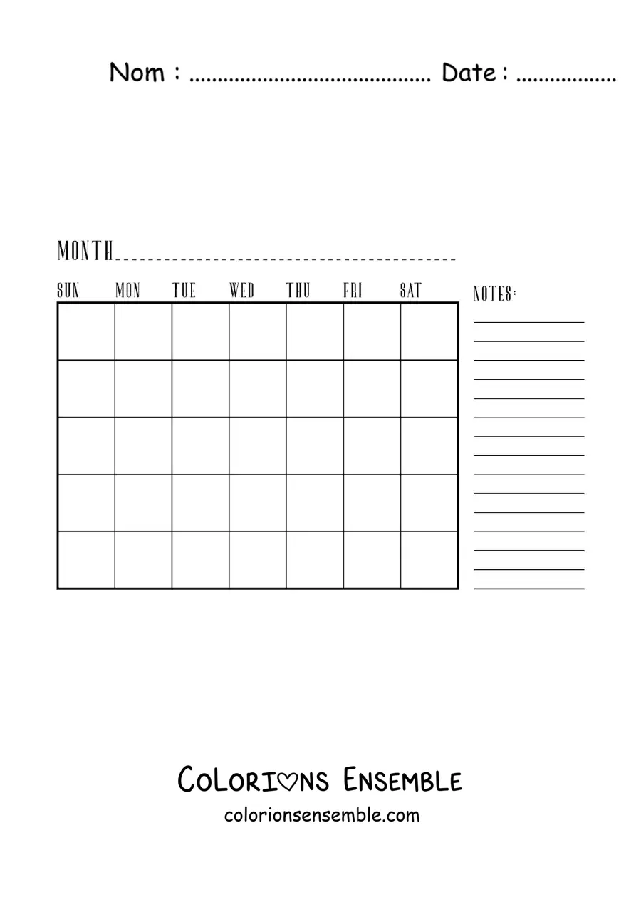 Image à colorier d’un calendrier du mois en anglais