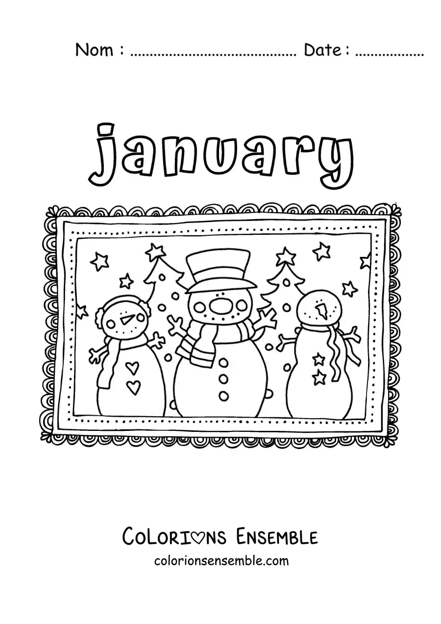 Image à colorier de « January » avec des bonhommes de neige animés