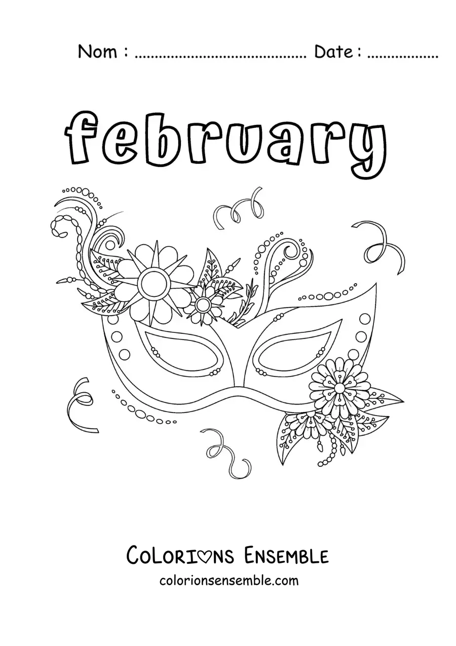 Image à colorier de « February » avec un masque de carnaval