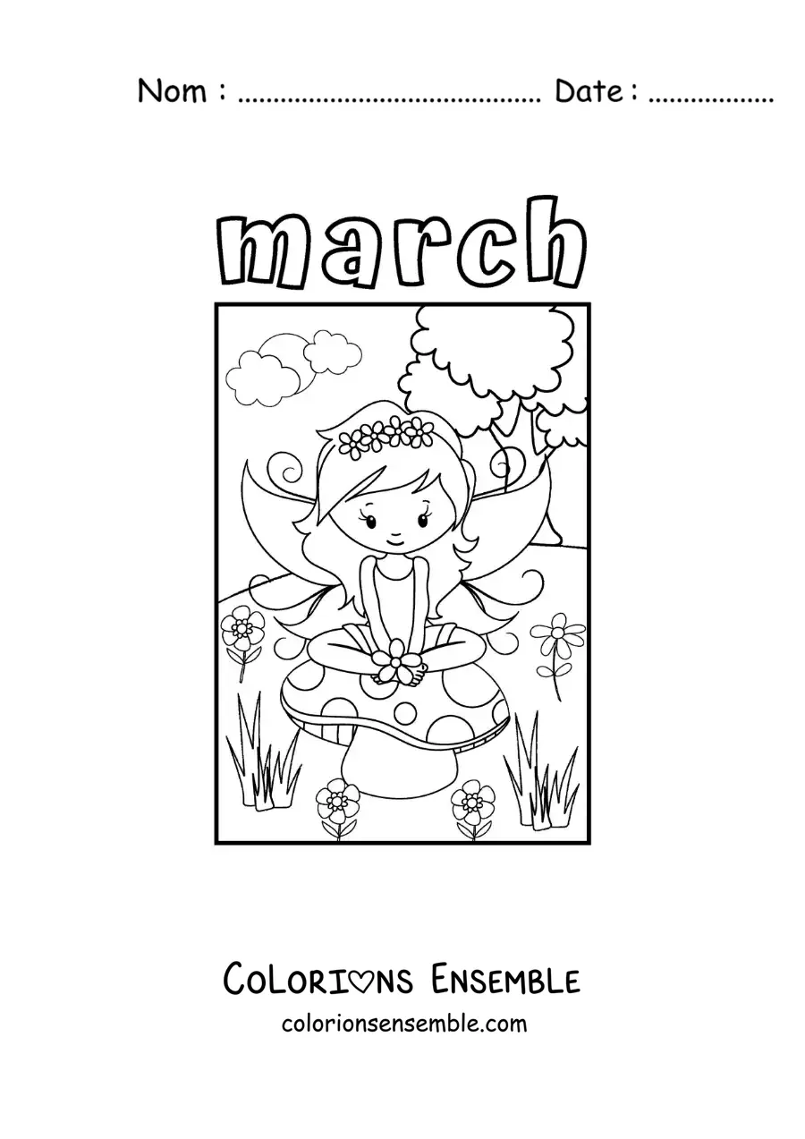 Image à colorier de « March » avec une fée du printemps