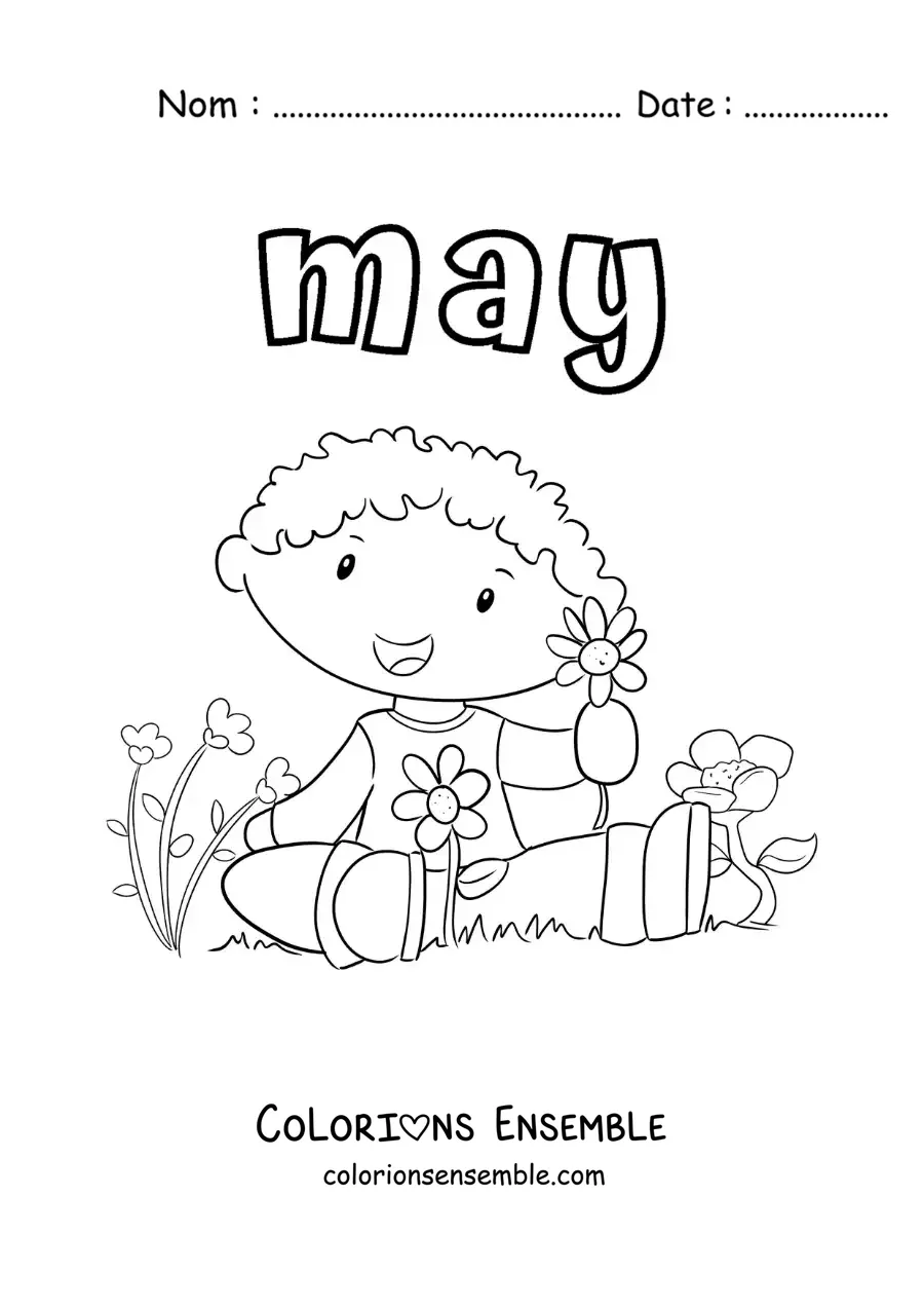 Image à colorier de « May » avec un enfant assis parmi des fleurs de printemps